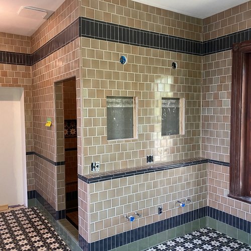 Bathroom makeover by Adair's Flooring featuring patterned tiles