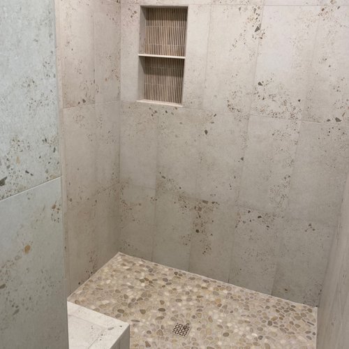 Rustic concrete look shower tiles in Lititz, PA